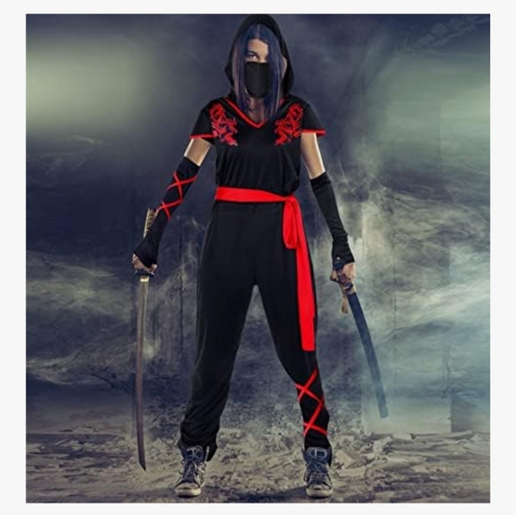 Ninja Hooded Halloween Costume Dragon Print Dagger Set Female Size Medium NEW - Picture 1 of 10